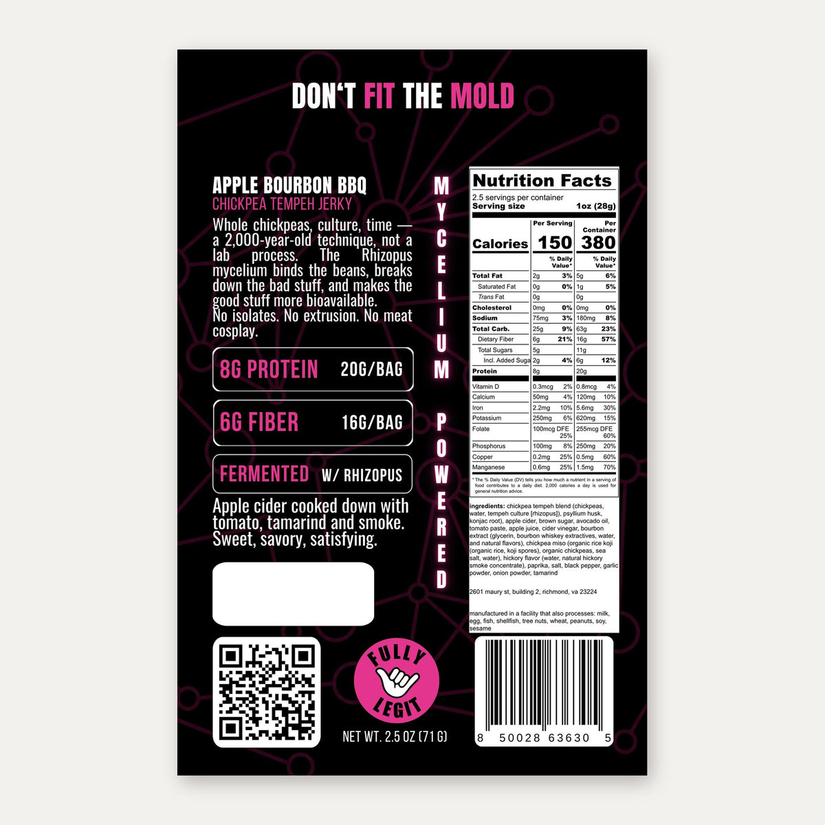 Cultured Virginia Apple Bourbon BBQ Tempeh Jerky — label back with nutrition facts and ingredients