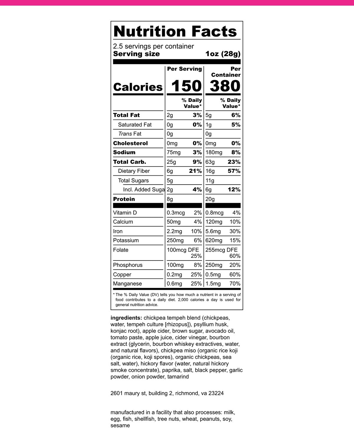 Cultured Virginia Apple Bourbon BBQ Tempeh Jerky — nutrition facts and ingredients