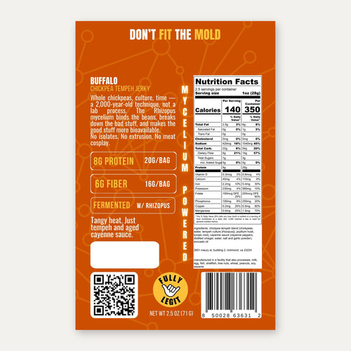 Cultured Heat Buffalo Tempeh Jerky — label back with nutrition facts and ingredients