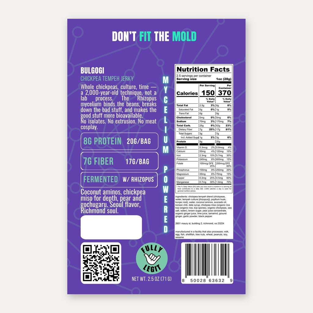 Cultured Seoul Bulgogi Tempeh Jerky — label back with nutrition facts and ingredients