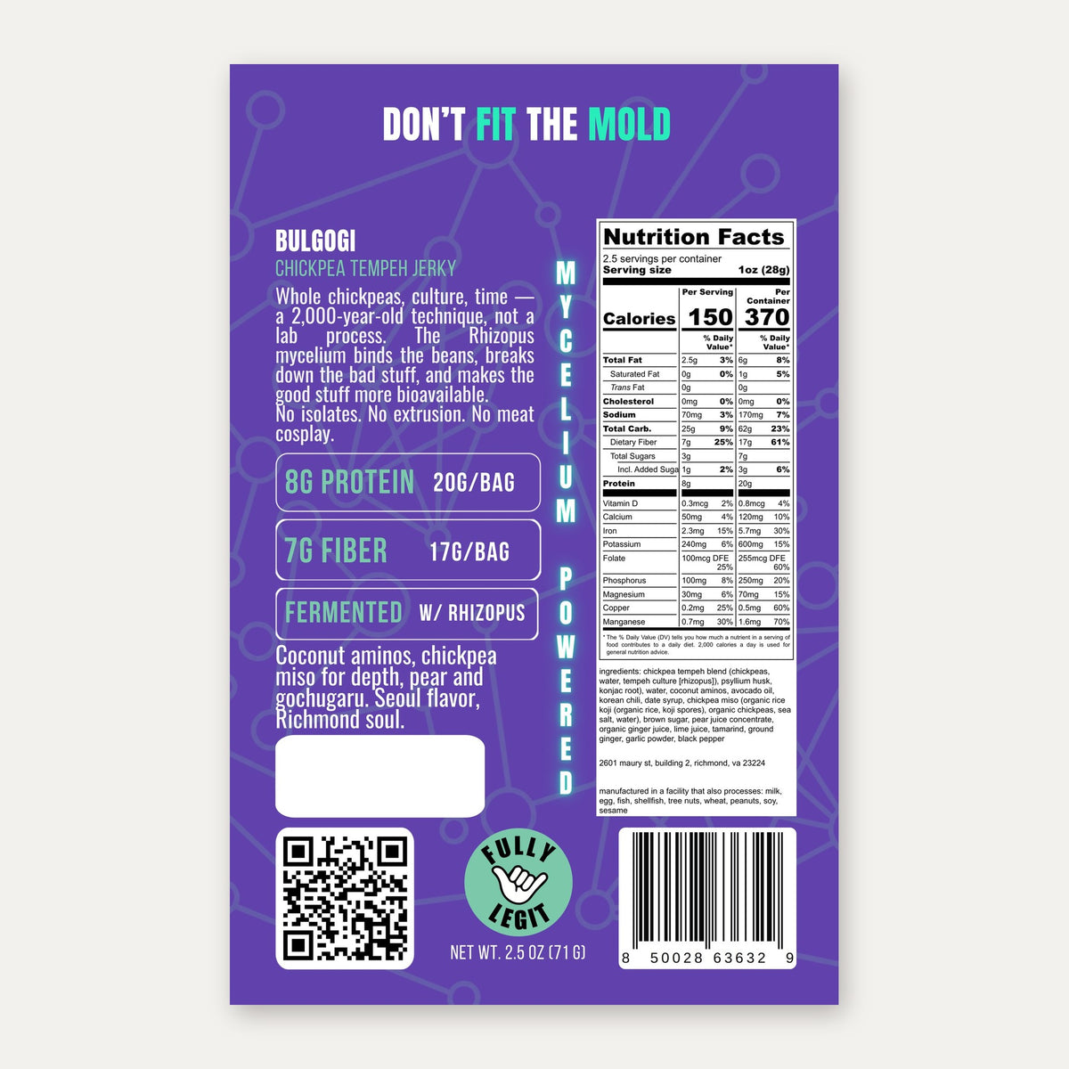 Cultured Seoul Bulgogi Tempeh Jerky — label back with nutrition facts and ingredients