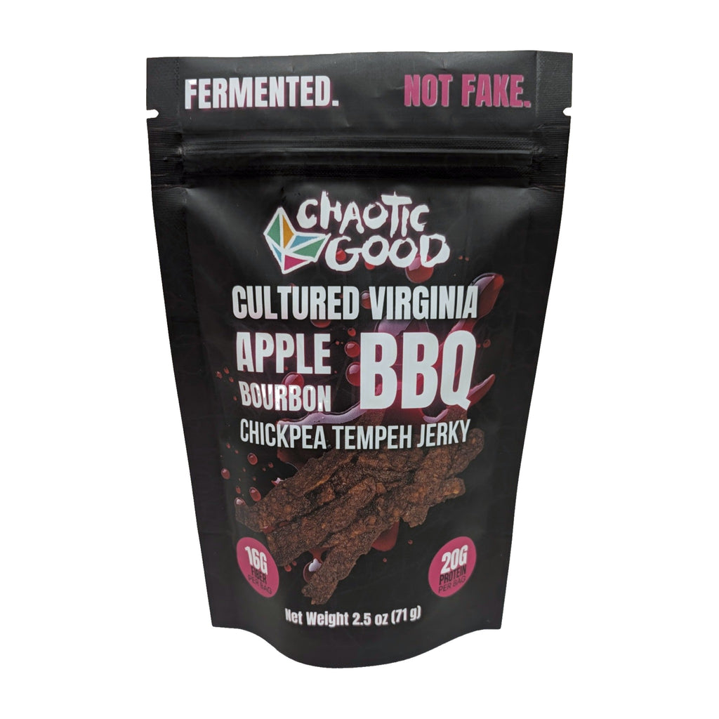 Chaotic Good Cultured Virginia Apple Bourbon BBQ Chickpea Tempeh Jerky, 2.5 oz pouch, front