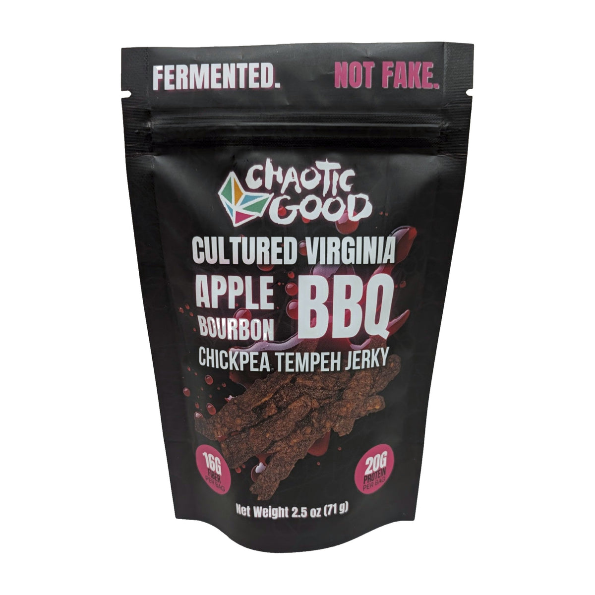 Chaotic Good Cultured Virginia Apple Bourbon BBQ Chickpea Tempeh Jerky, 2.5 oz pouch, front