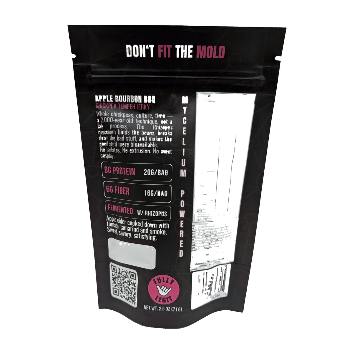 Apple Bourbon BBQ Chickpea Tempeh Jerky pouch, back