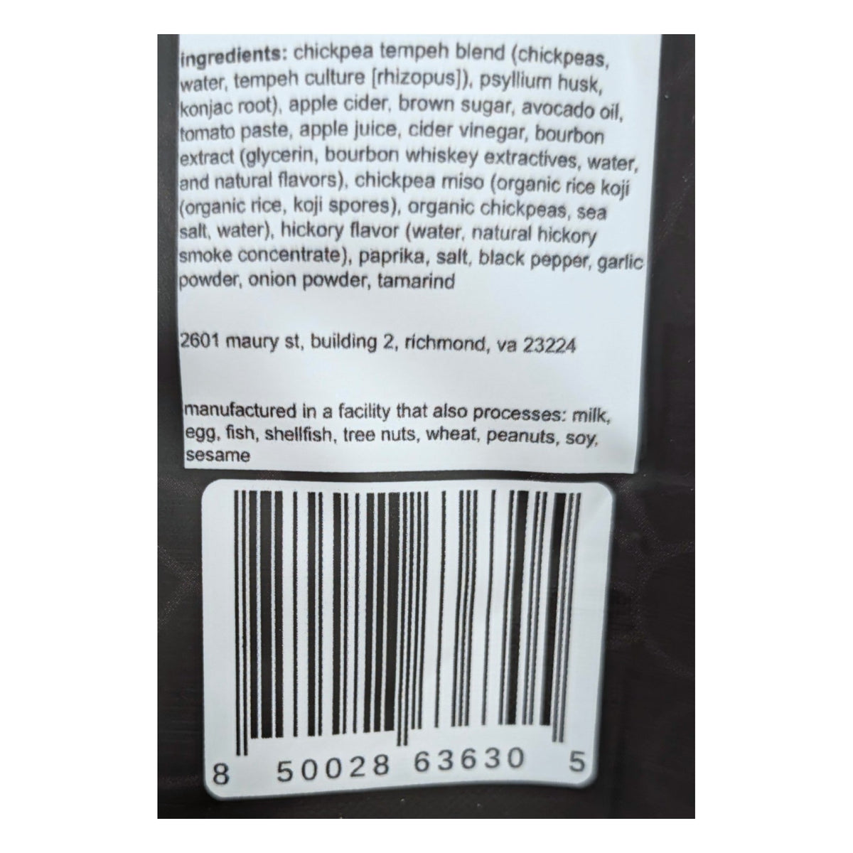 Apple Bourbon BBQ Chickpea Tempeh Jerky ingredients and barcode