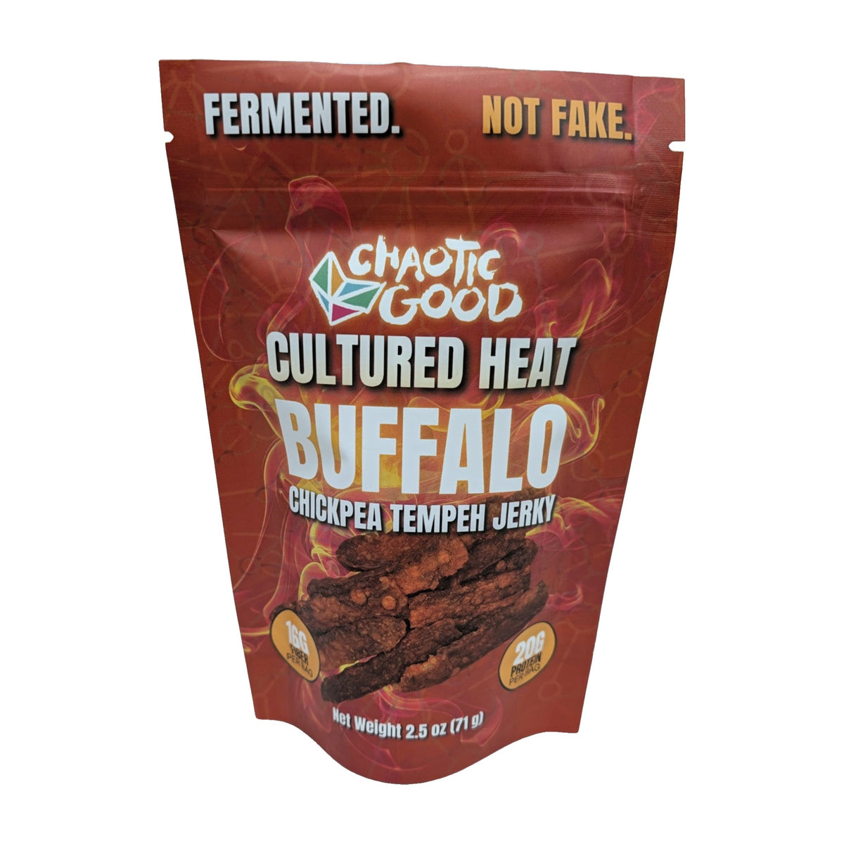 Chaotic Good Cultured Heat Buffalo Chickpea Tempeh Jerky, 2.5 oz pouch, front