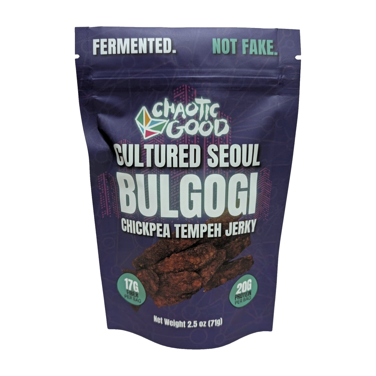 Chaotic Good Cultured Seoul Bulgogi Chickpea Tempeh Jerky, 2.5 oz pouch, front