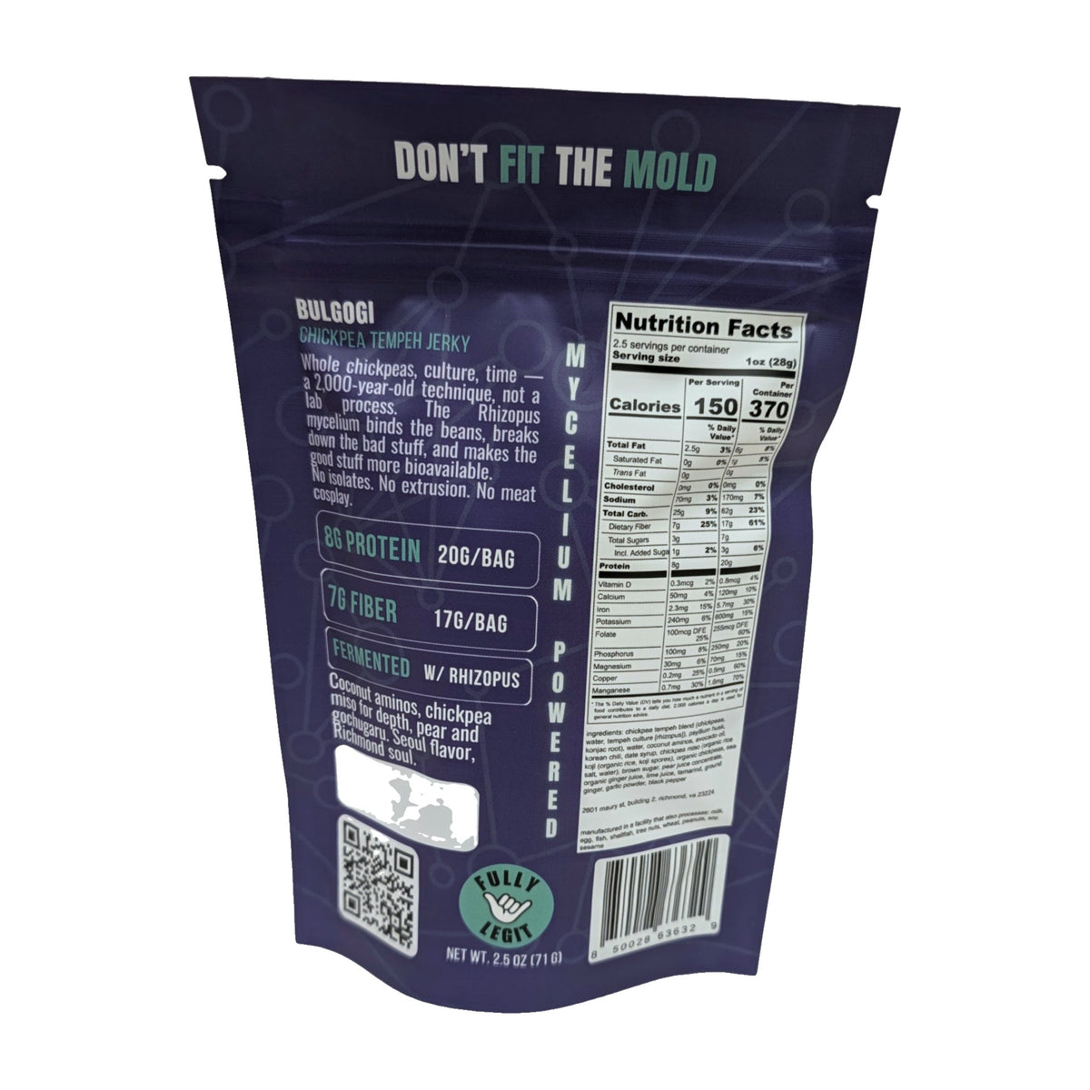 Seoul Bulgogi Chickpea Tempeh Jerky pouch, back