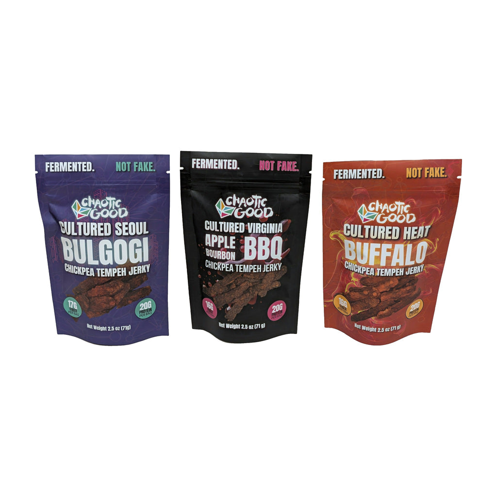 Chaotic Good chickpea tempeh jerky lineup: Seoul Bulgogi, Apple Bourbon BBQ, and Buffalo, fronts