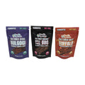 Chaotic Good chickpea tempeh jerky lineup: Seoul Bulgogi, Apple Bourbon BBQ, and Buffalo, fronts