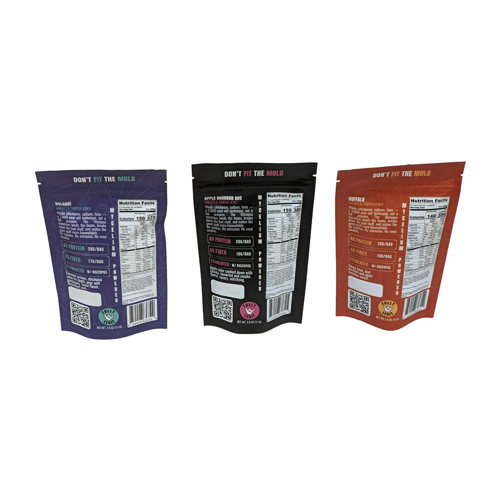 Chaotic Good chickpea tempeh jerky lineup, backs with nutrition facts