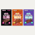 Chaotic Good chickpea tempeh jerky — Apple Bourbon BBQ, Buffalo, and Seoul Bulgogi labels