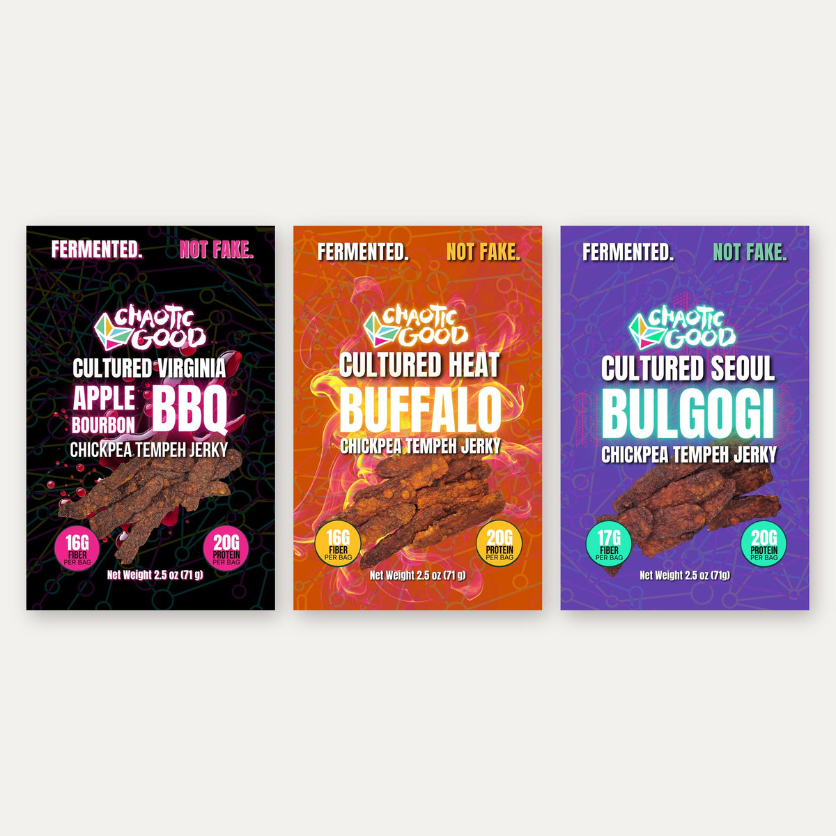 Chaotic Good chickpea tempeh jerky — Apple Bourbon BBQ, Buffalo, and Seoul Bulgogi labels